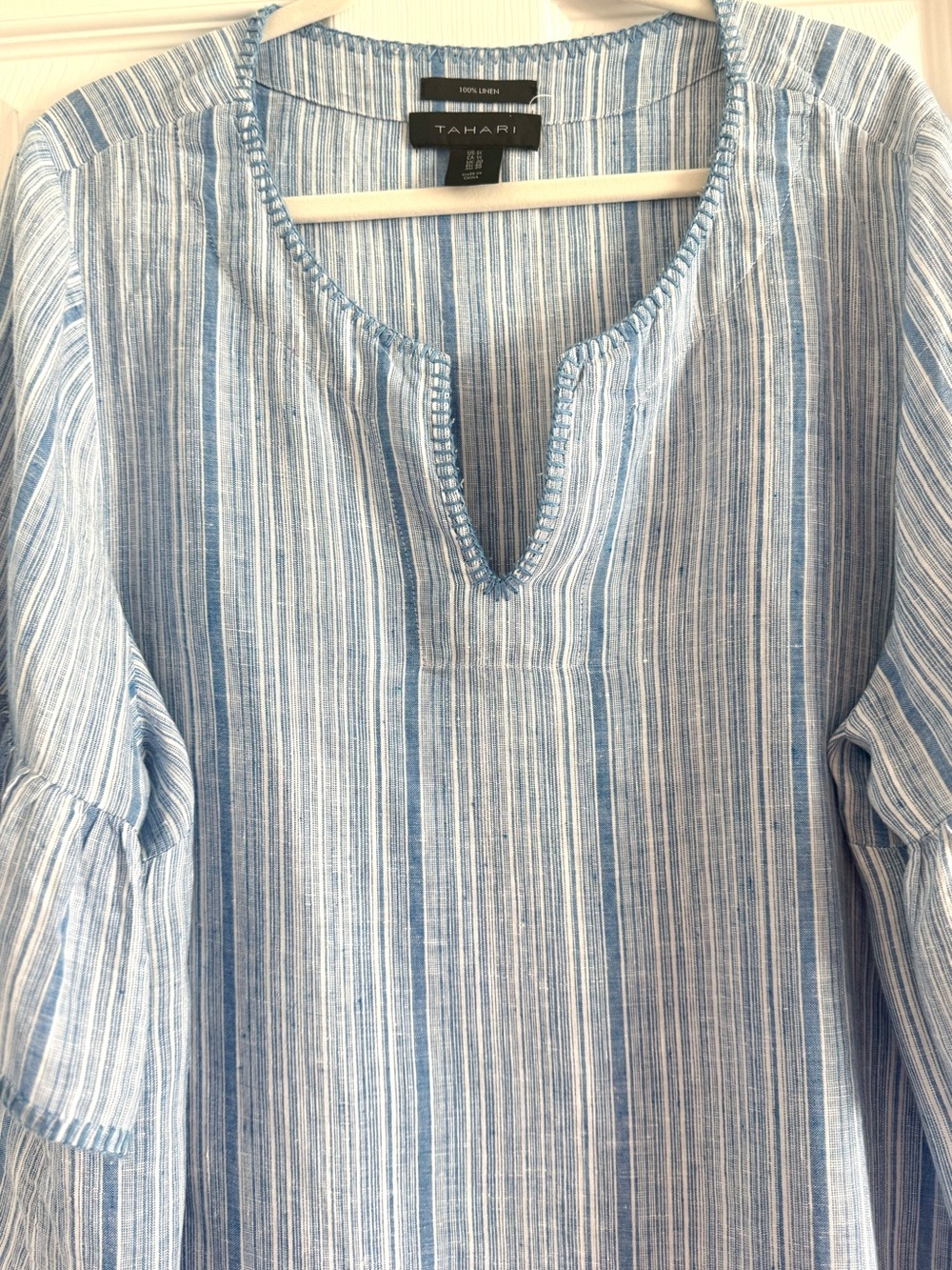 Tahari Linen Light Blue Striped Ruffle Sleeve Top 1X - Picture 5 of 10